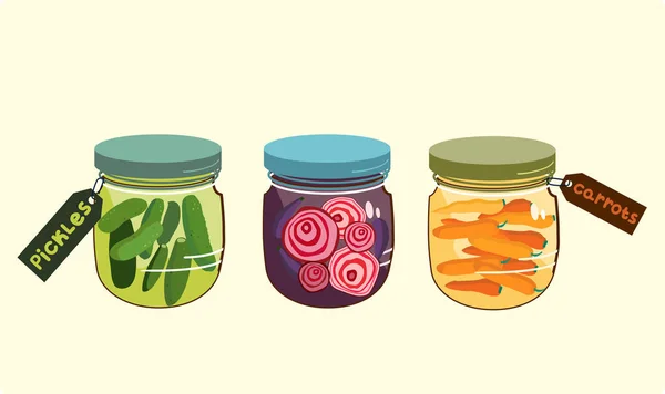 Marinade Jars Autumn Harvesting Pickles Carrots Spices Radish Slices Glass — Stock Vector