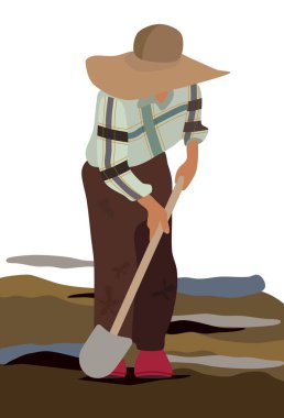 Geniş kenarlı şapkalı ve kirli elbiseli bir çiftçi kürekle toprağı kazıyor. Tarlayı sür. Günlük kareli gömlek. El işi, köy mesleği. Taşra manzarası. Yiyecek için vektör düz çizim.