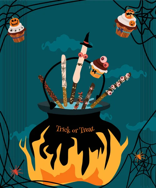 Trick Treat Halloween Tradition Collectionnez Les Candides Chaudron Sorcière Magie — Image vectorielle