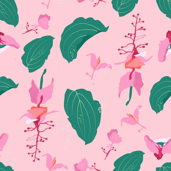 Medinilla Auffällige Rosa Tropische Röschen Mit Großen Blättern Nahtlose Muster — Stockvektor
