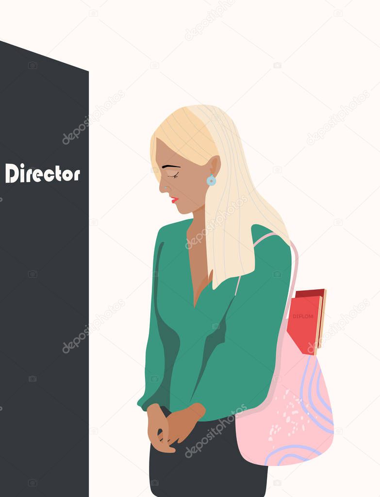 Excitement in front of the boss office. Young scared woman before job interview. A very smart girl with a lot of diplomas is nervous. Oppression of women, career difficulties, feminism.Trendy vector