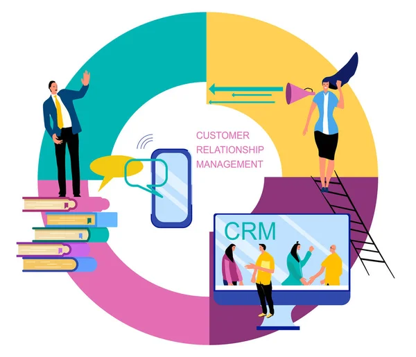 Crm Customer Relationship Management Ludzie Analizujący Profil Bazę Klientów Promujący — Wektor stockowy