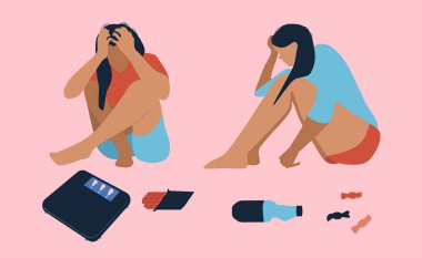 Bulimia, aşırı yemek yeme konsepti. Genç bunalımlı kadınlar yerde oturmuş, başlarını tutuyorlar. Umutsuzluk, duygusal bozukluk. Takıntılı kilo verme arzusu. Oburluk yassı vektör. Etrafa şeker ambalajları.