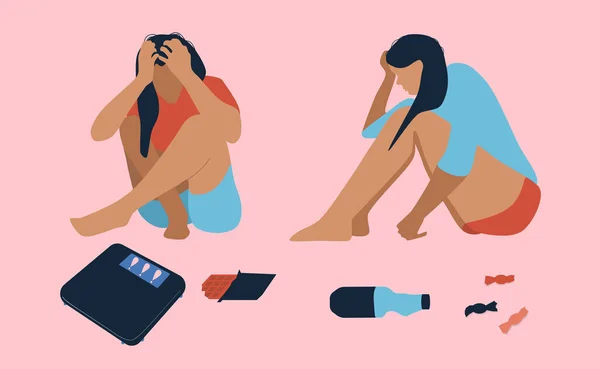Bulimia, aşırı yemek yeme konsepti. Genç bunalımlı kadınlar yerde oturmuş, başlarını tutuyorlar. Umutsuzluk, duygusal bozukluk. Takıntılı kilo verme arzusu. Oburluk yassı vektör. Etrafa şeker ambalajları.