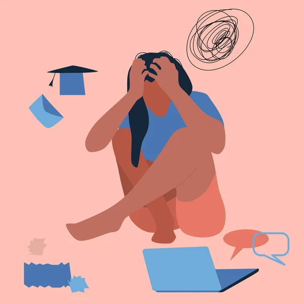 Fatiga Creativa Mujer Joven Sienta Suelo Agarrando Cabeza Burnout Profesional — Vector de stock