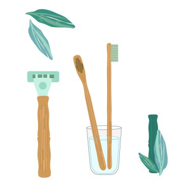 Bambu çizmeler ve jilet. Klinik için dişçi ve ortodontik günlük yaşam vektörü kavramı. Ağız ve cilt bakımı. Sağlıklı gülümseme. Sıfır atık. Biyolojik çözünebilir madde. Çevre dostu ürünler. Düz biçim