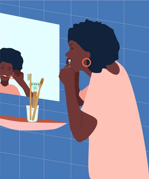 Jeune Femme Afro Américaine Brosse Les Dents Avec Soie Dentaire — Image vectorielle