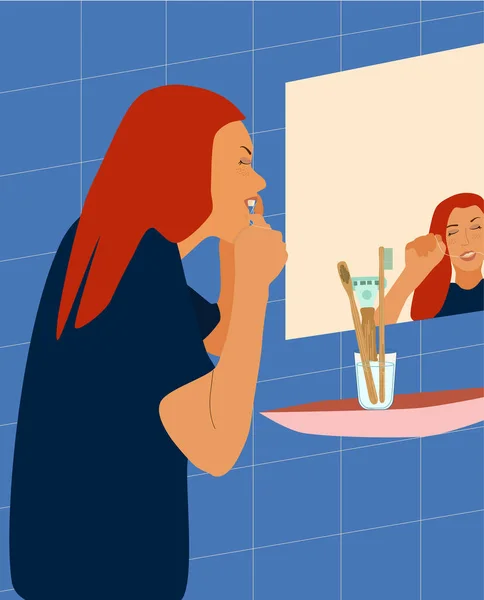 Mulher Jovem Escova Dentes Com Fio Dental Banheiro Frente Espelho — Vetor de Stock
