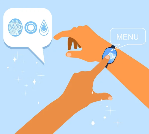 Force Touch teknolojisi konsepti. İnsan eli dijital akıllı saat ekranında basınç sensörleri kullanır. Çeşitli işaretler, parmak izleri. Uygulamalar ve web siteleri için tap jest düz vektör simgesi. Dalga biçimleri ve titreşimler