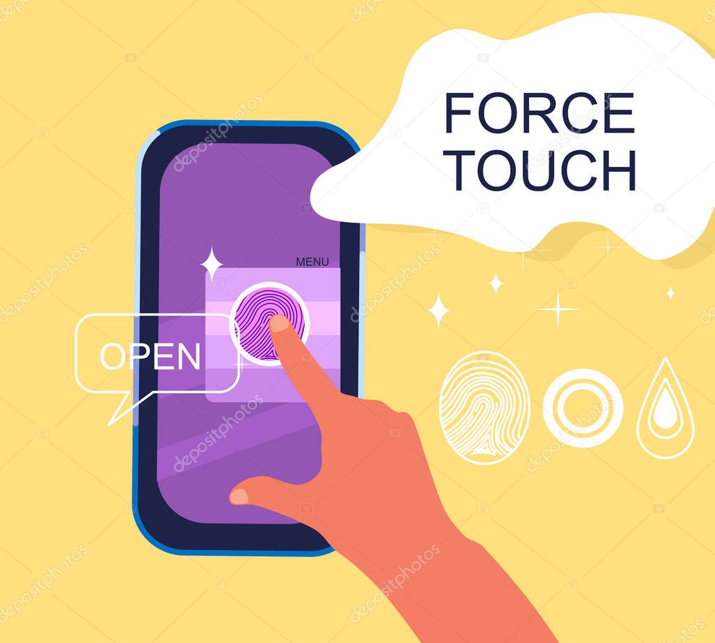 Force Touch technology concept. Human hand uses pressure sensors on digital smartphone display. Various signs, fingerprint. Tap gesture flat vector icon for apps and websites.Waveforms and vibration