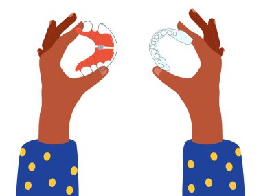 Diş teli ve ortodontik şeffaf diş teli tutan ve aralarında seçim yapan kadın eller. Ağız bakımı, ısırık düzeltmesi. Düz dişli güzel bir gülümseme. Klinik için vektör düz illüstrasyon