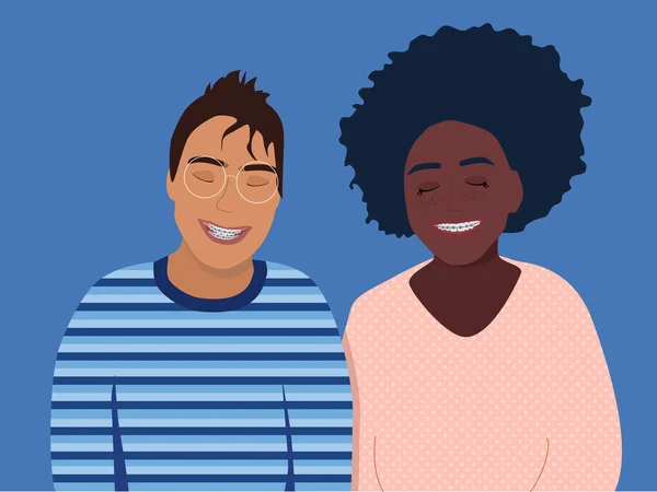 Dos Adolescentes Sonriendo Con Frenos Dentales Sus Dientes Niño Niña — Vector de stock