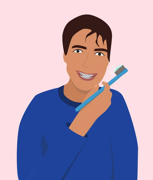 Diş Telleriyle Gülümseyen Genç Bir Adam Dişlerini Fırçalıyor Isırık Düzeltmesi — Stok Vektör