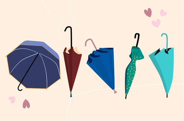 異なる位置に5つのオープンと閉じた流行の傘のセット 秋のファッション販売と雨の保護 マルチカラーアクセサリー 店やブティックのための北欧スタイルのベクトルイラスト — ストックベクタ
