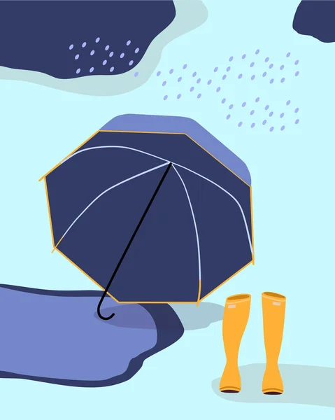 Regenschirm Einer Pfütze Liegend Und Gelbe Gummistiefel Auf Dem Boden — Stockvektor