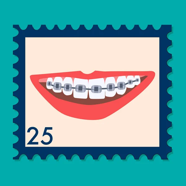 Ortodontia Temático Selo Postagem Boca Humana Com Aparelho Dentário Mordida —  Vetores de Stock