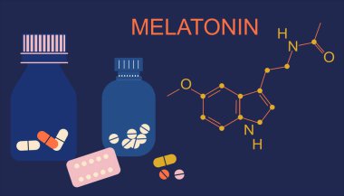 Hormon kimyasal formüllü melatonin hapları. Uykusuzluk konsepti. Gece vakti ve uyku bozukluğu. Hap bağımlılığı, hipokondri, stres, sinirsel gerginlik. İlaçsız sorun. Düz taşıyıcı.