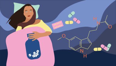 Uykusuzluk konsepti. Kimyasal formüllü melatonin tabletleri. Genç bir kadın yatakta uzanıyor ve uyku bozukluğu var. Hap bağımlılığı, hipokondri, stres, sinir gerginliği. Uykusuz tıbbi sorun. Vektör