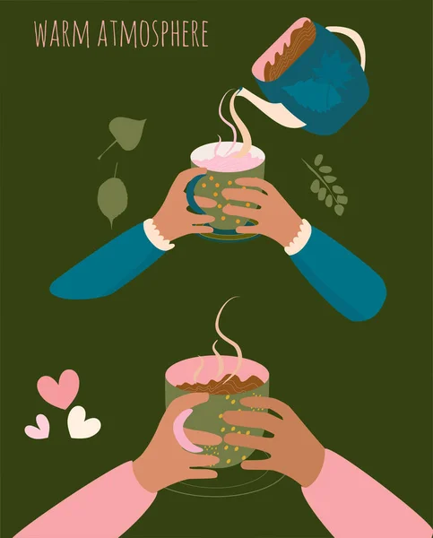 Δύο Χέρια Που Κρατούν Φλιτζάνια Ζεστό Ρόφημα Γάλα Τσάι Κακάο — Διανυσματικό Αρχείο