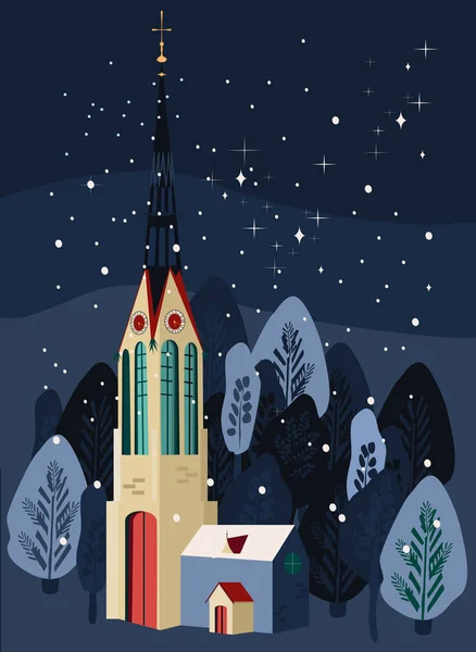 Ilustração Inverno Bonito Com Igreja Católica Gótica Torre Relógio Flocos — Vetor de Stock