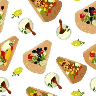 Doldurulmuş taco, guacamole sosu ve dikişsiz limon dilimi. Mısır ya da buğday unundan ekmek ya da tortilla. Vejetaryen yemeği. Lezzetli aperatif, Meksika geleneksel yemekleri. Düz biçim vektörü