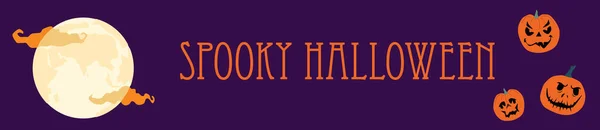 Halloween Spooky Night Horizontal Banner Various Pumpkins Weird Facial Expressions — Stock Vector