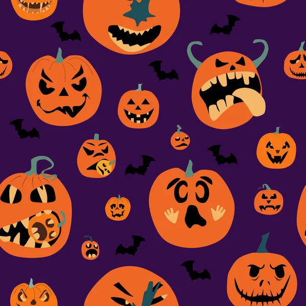 Halloween Strašidelný Noční Bezproblémové Vzor Různými Dýněmi Jack Lucerny Podivnými — Stockový vektor