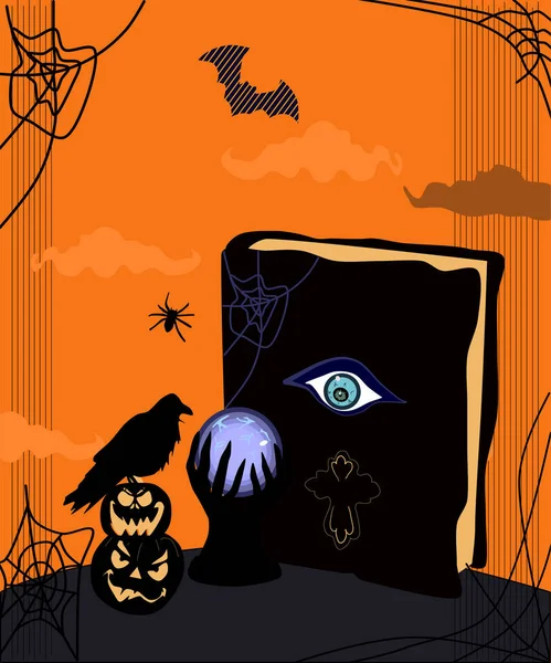 Halloween Skrämmande Natt Illustration Magic Spell Book Och Crystal Ball — Stock vektor