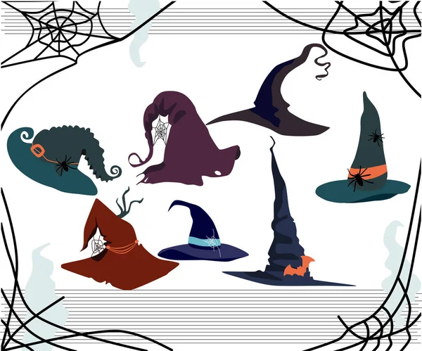 魔女とハロウィーンカードは 異なるスタイルの帽子を指摘しました コウモリの形で装飾します 端を回し 布の穴 魔術師のための祭りやパーティーの衣装 — ストックベクタ
