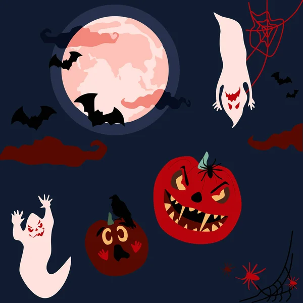 Halloween Night Spooky Card Ghosts Spirits Scary Masked Faces Pumpkins — стоковый вектор