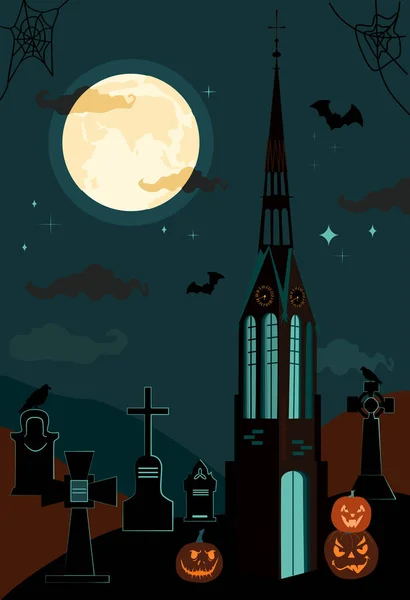 Halloween Gothic Catholic Church Clock Tower Bats Twilight Sky Full — Stock Vector