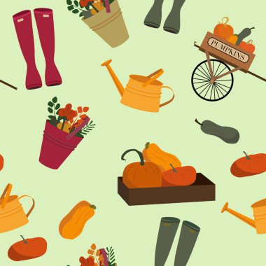 Autumn harvest seamless pattern with wooden cart full of pumpkins,a box of squashes and bucket of flowers.Rubber boots and watering can in rustic style.Flat vector illustration for fabric,note cover clipart