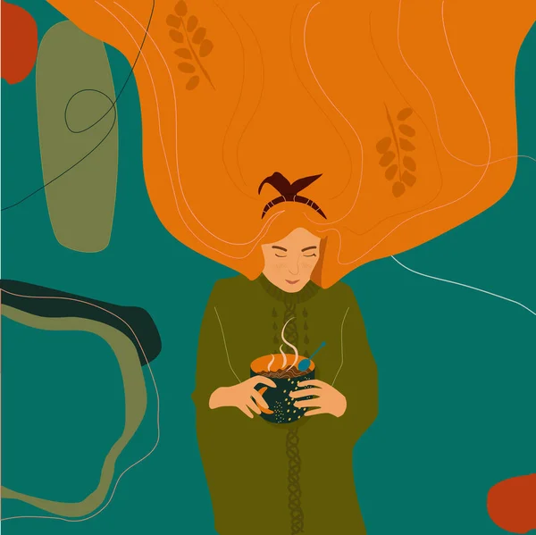 Fille Aux Cheveux Orange Tient Une Tasse Café Dans Les — Image vectorielle