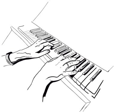 Erkek eller oymacılık stilinde piyano illüstrasyonu oynuyor.Anahtarlı müzik enstrümanı. Piyanist ve evlilik yüzüğü. Clavichord melodisi veya sentezleyici mürekkep çizim vektörü. Jazz müzik konseri, piyano klavyeli performans..