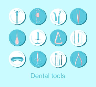 Dental tools.12 Instagram round icons set.Orthodontic prosthetics and filling, treatment of diseases of the oral cavity and caries.Tweezers,probe, spatula, dental crown micrometer.Vector for clinic clipart