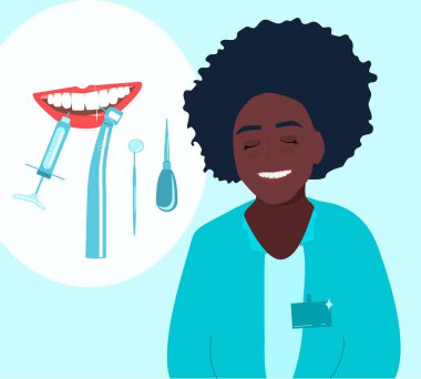 Afro-Amerikan ortodonti gülümsemesi ve klinikte tedavi reklamları. Kanal dolgusu, ağız boşluğu hastalığı posterleri. Diş aletleri ve enstrümanlı şablon. Genç kadın tıp önlüğü giymiş bir doktor..