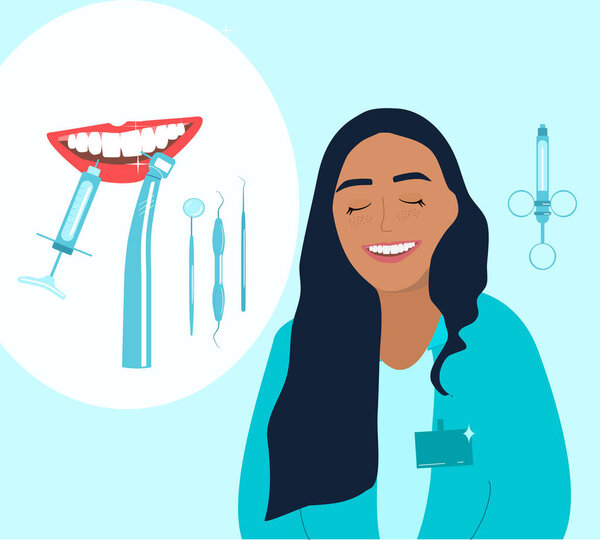 Caucasian orthodontics smiling and advertises treatment in clinic.Root canal filling,oral cavity disease poster.Template with dental tools and instruments.Young woman is a doctor in medical gown.
