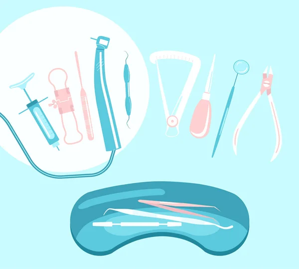Ferramentas Dentárias Instrumentos Bandeja Metálica Redor Próteses Ortodônticas Enchimento Tratamento — Vetor de Stock