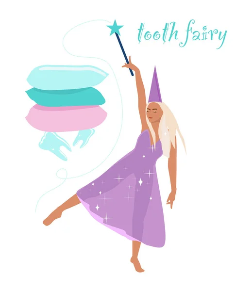 Tooth Fairy Holding Magic Wand Princess Dancing Transparent Shiny Dress — Stock Vector