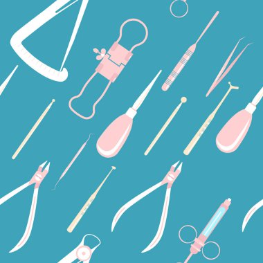 Dental tools or instruments  seamless pattern.Orthodontic prosthetics and filling,treatment of diseases of the oral cavity and caries.Tweezers,probe,spatula, dental crown micrometer.Print for planner clipart