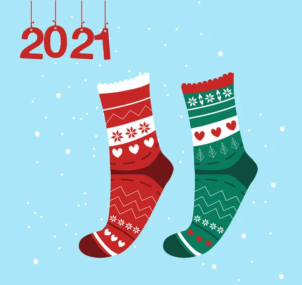 컬렉션의 뜨개질 스칸디나비아인들의 뉴이어 2021 크리스마스 숫자는 리본에 있습니다 어린이 — 스톡 벡터
