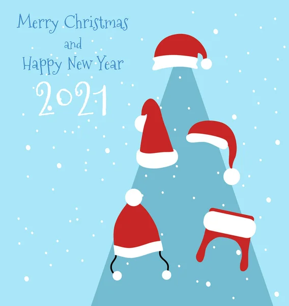 Happy New Year 2021 Postcardard Christmas Tree Ornamate Different Santa — 스톡 벡터