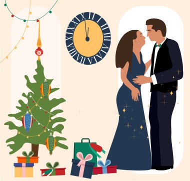 Yeni yıl gecesi. Kutlama yapan erkek ve kadın, çanları öpen adam. Oyuncaklarla, çelenklerle, havai fişeklerle dolu Noel ağacı.