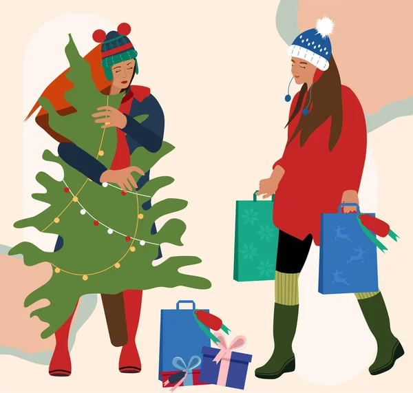 两个穿着保暖冬衣的女孩在节假日购物 一个是手拿着圣诞树的女人 另一个是手拿着弓形礼盒的女人 另一个是提着礼物的女人 — 图库矢量图片