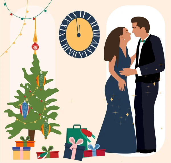 New Year Night Man Woman Celebrating Kissing Chimes Christmas Tree — Stock Vector