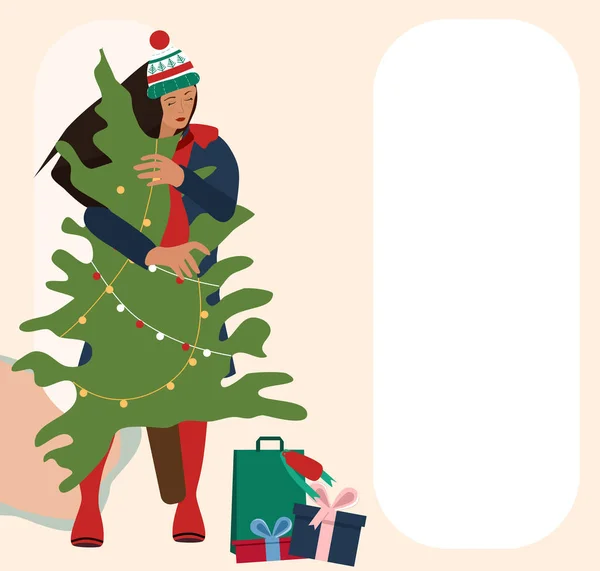 Leuke Jonge Vrouw Warme Winterkleding Maken Vakantie Winkelen Draag Kerstboom — Stockvector