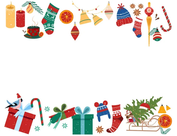 Geleneksel Kış Tatili Sembolleriyle Noel Çerçevesi Mutlu Yıllar 2021 Kavramı — Stok Vektör