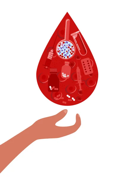人的手用红细胞捕捉一滴血 用充满白细胞 药物和其他工具的癌症分析放大镜 世界血友病日 白血病认识网页模板 — 图库矢量图片