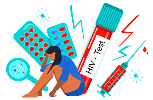 Sad young woman in depression because of AIDs.HIV test in laboratory tube,syringe with blood.Save yourself,prevent disease.Medical poster with immunodeficiency virus.Online consultation, supporting