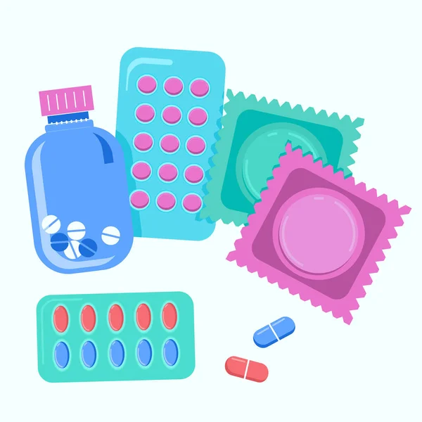 Condones Píldoras Anticonceptivas Paquetes Ampollas Cartel Tarjeta Del Día Mundial — Vector de stock